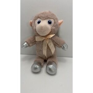 World Plush Monkey Stuffed Toy GM2001 Beige Fuzzy Silver Hands/Feet Bow Tags